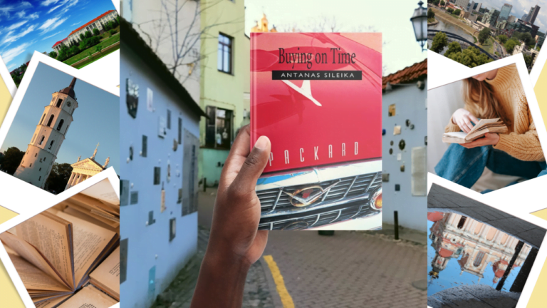 Vilnius literary tour. Book held up in front of Literatu Street