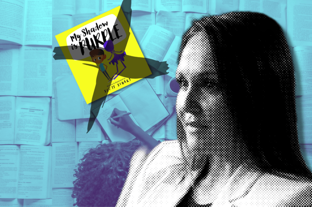 Georgia's limited book challenge uptake as teacher fired. Black and white image of Katie Rinderle speaking with book My Shadow Is Purple by Scott Stuart crossed out, and blue image of books with a child working on the floor