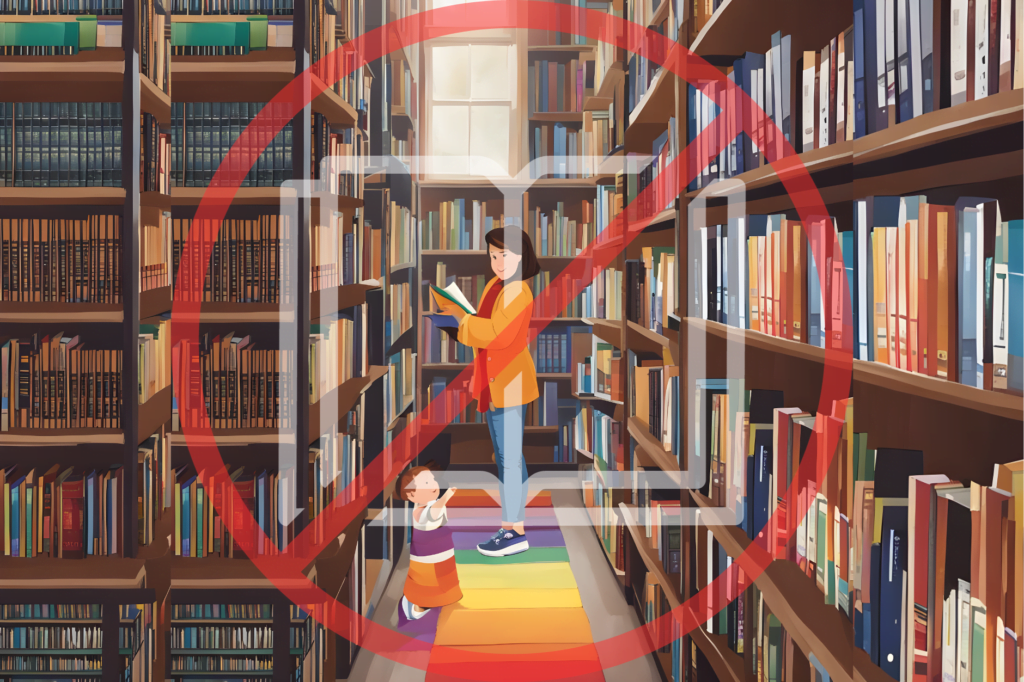 UK library body launches guide to stop censorship. Cartoon of woman and child browsing through library with Pride flag as carpet