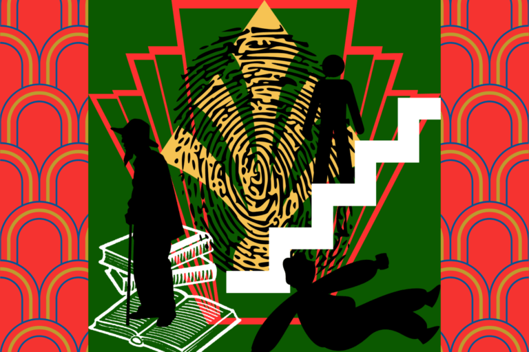 True crime books. Black silhouettes of person on stairs, fallen person and standing person with fingerprint and books. In front of green, red and gold art deco motif to represent Only Murders in the Building