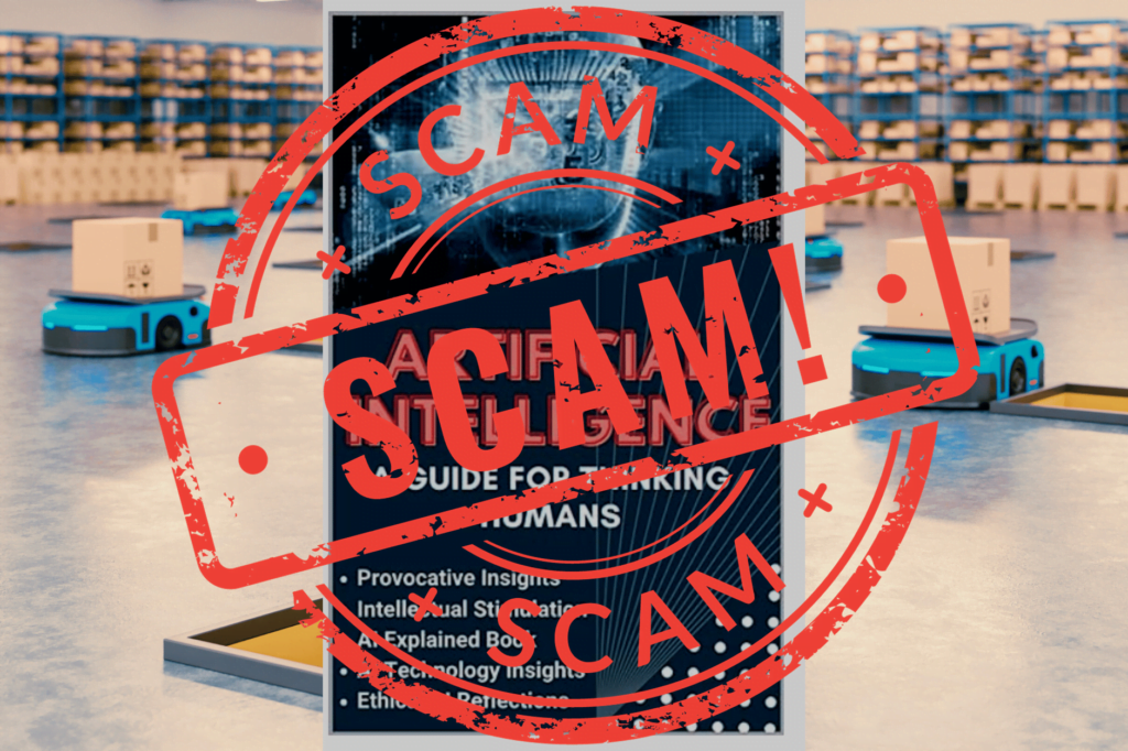 AI-generated Amazon book. Scam red stamp on top of an AI-generated book with Amazon robot warehouse in the background.