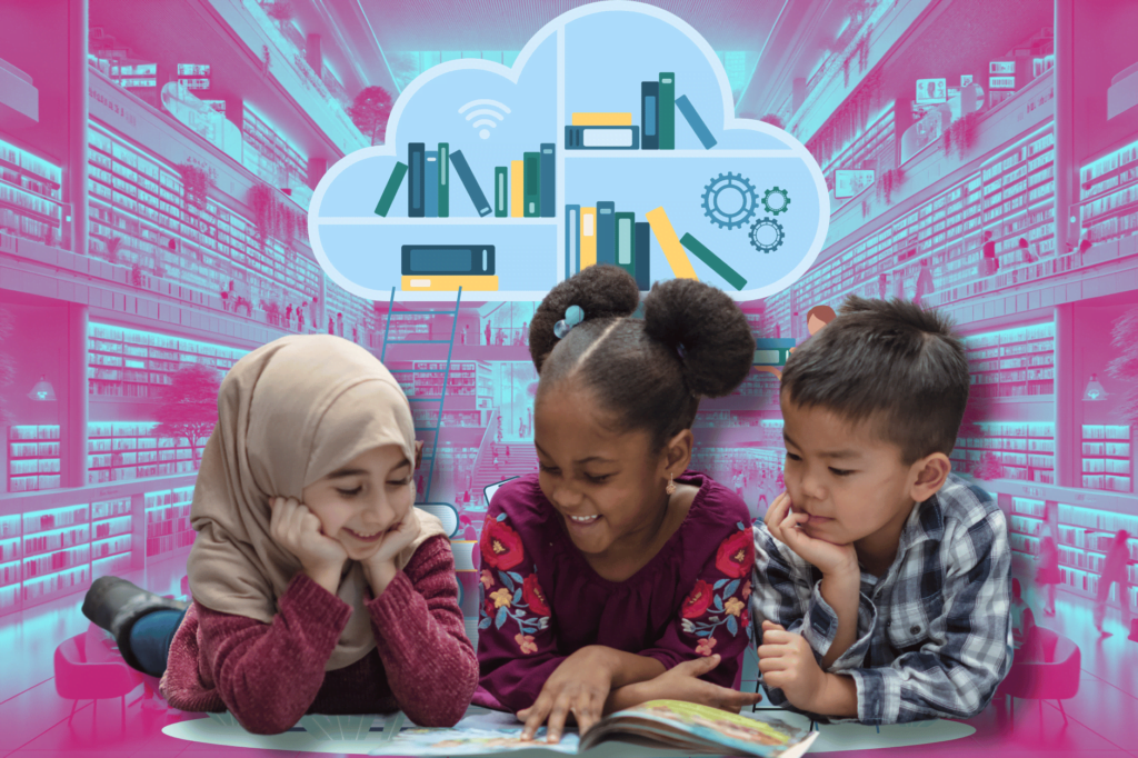 Are libraries still a thing Why libraries will survive. One child with hijab, one Black girl, and one Asian boy in chequered shirt leaning on the floor reading book. Background has pink and blue futuristic library, and illustration of digital book mediums