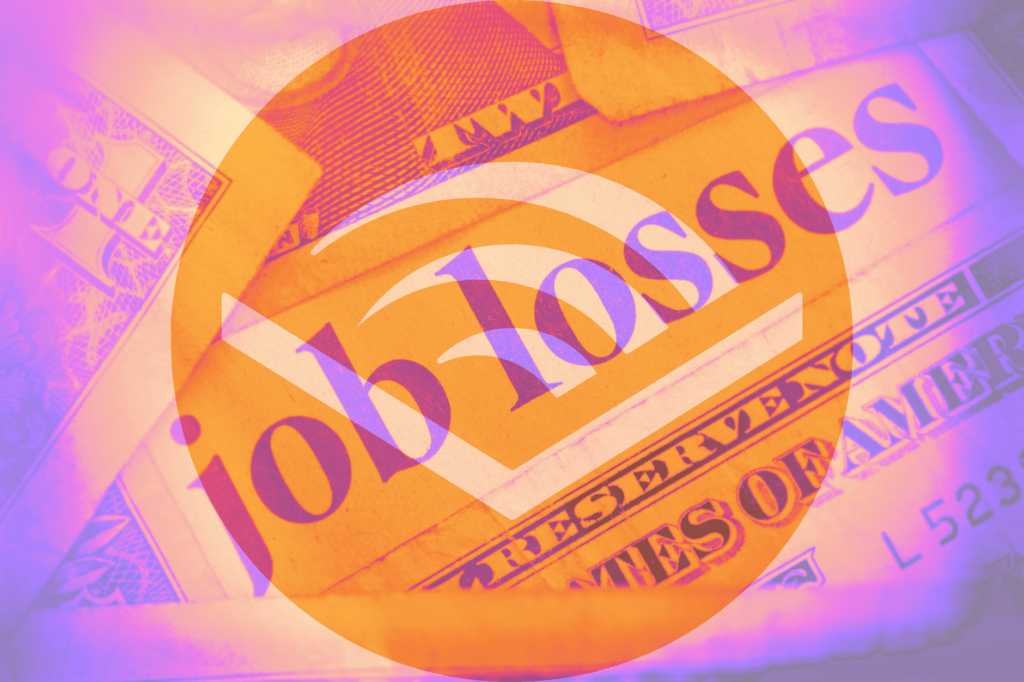 Audible announces job cuts despite strong year. Audible logo behind transparent words "job losses" and dollars