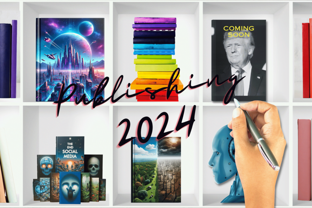 Book publishing predictions 2024. Image of a white book shelf with books including science fiction, stack of rainbow coloured cooks, book about Donald Trump with "coming soon" written on top, climate change, AI, and social media book on shelf. Hand writing "Publishing 2024" on top of image.