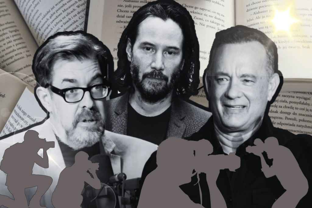 Celebrities publish books in an already crowded market - is it fair. Black and white images of Richard Osman, Keanu Reeves, and Tom Hanks in front of book pages and flashlight bulbs. Silhouettes of paparazzi in the front.