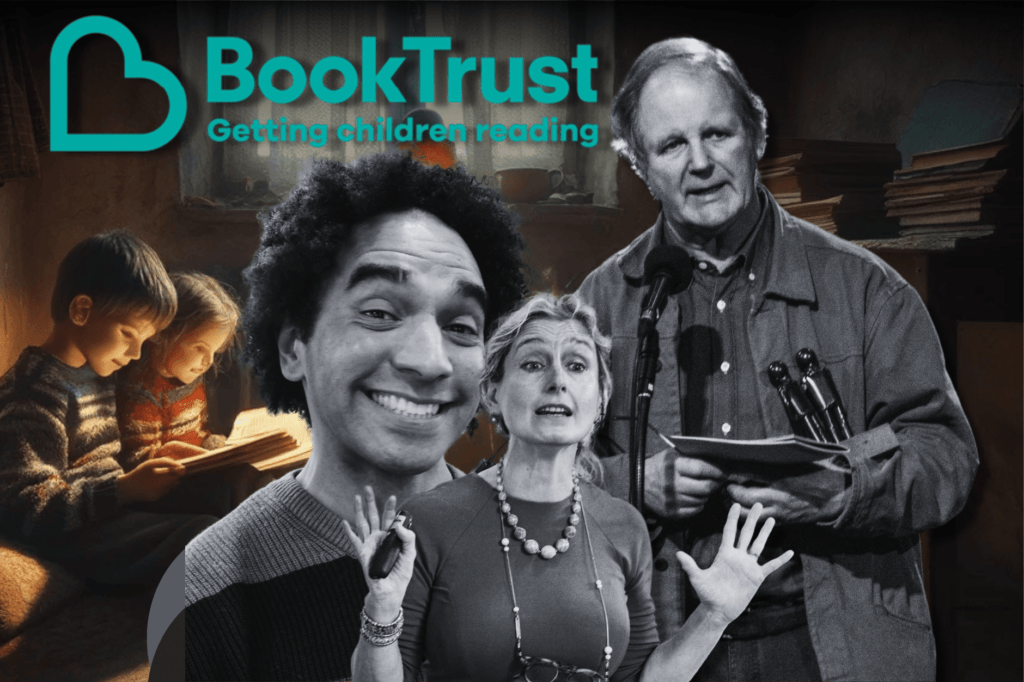 Children’s Laureates call for national investment in early years reading. Black and white images of Sir Michael Morpurgo, Joseph Coelho, and Cressida Cowell in front of BookTrust logo and illustration of children in the candlelight.