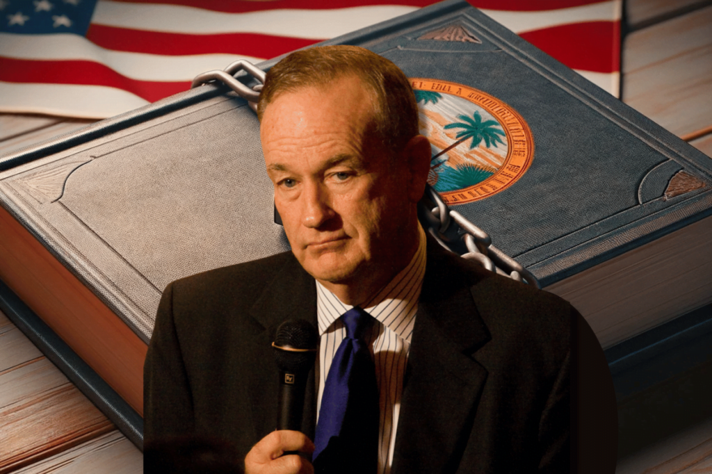 Ex-Fox host Bill O'Reilly angry as Florida ban hits own books. He holds a microphone in front of illustrations of book locked up with image of Florida palm trees, and US flag in the background