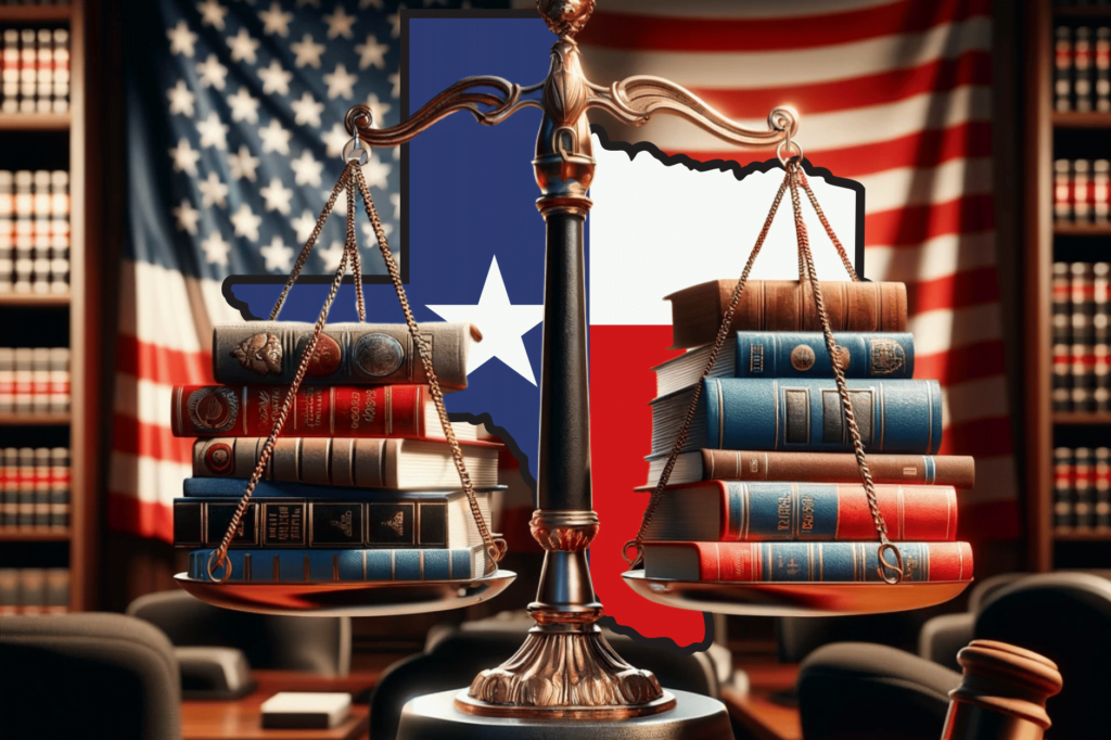 Federal appeals court blocks Texas book rating law. Scale with books inside a courtroom, in front of Texas map and US flag