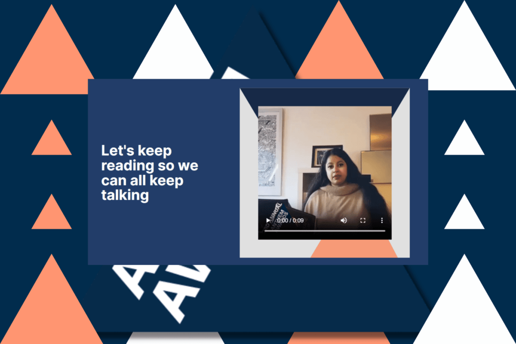 How To Be Books Podcast wins Bronze at the Anthem Awards. Anthem Award logos in the background includes orange and white triangles with navy blue backdrop. Image of Suswati Basu holding a book taking at the camera and the words "Let's keep reading so we can all keep talking" written in white.