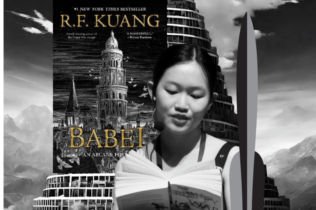 Hugo Awards controversy: R. F. Kuang's Babel excluded. Black and white image of R. F. Kuang reading from book with cover of Babel in the background, Hugo Awards Tower logo and a black and white AI image of Babel.