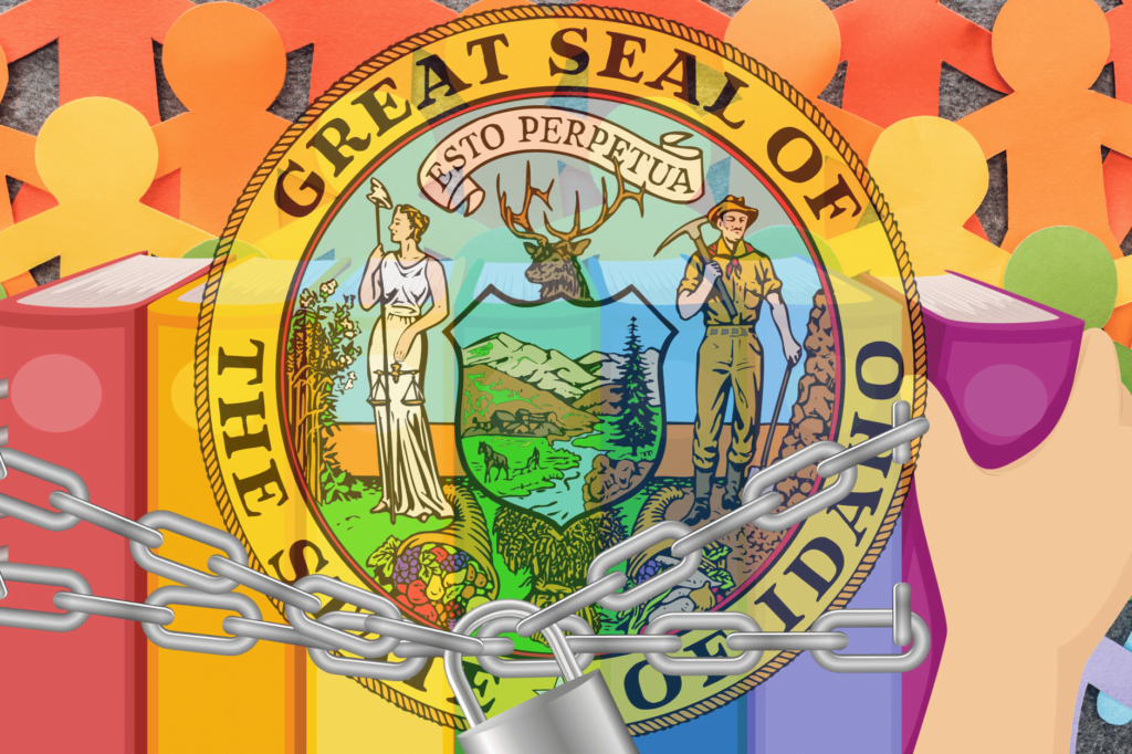 Idaho Republicans push anti-LGBTQ books bill. Idaho seal on top of rainbow books chained up and paper cut out people in rainbow colours
