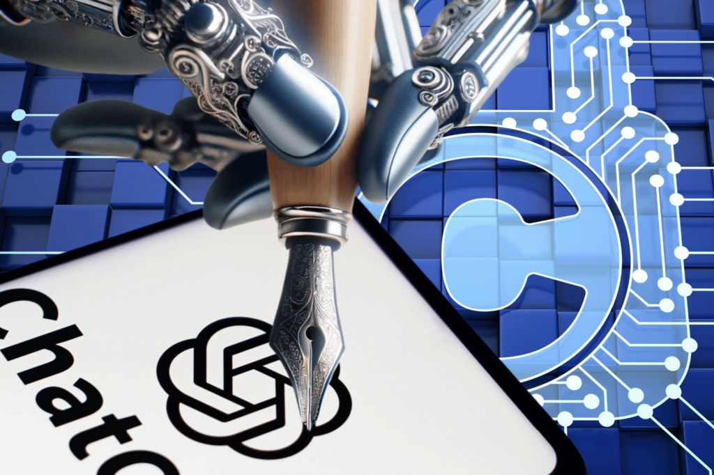 Is it 'fair use' for OpenAI and AI firms to use copyrighted works. Robot hand uses fountain pen to draw ChatGPT sign on phone with an copyright symbol in a lock image as background.