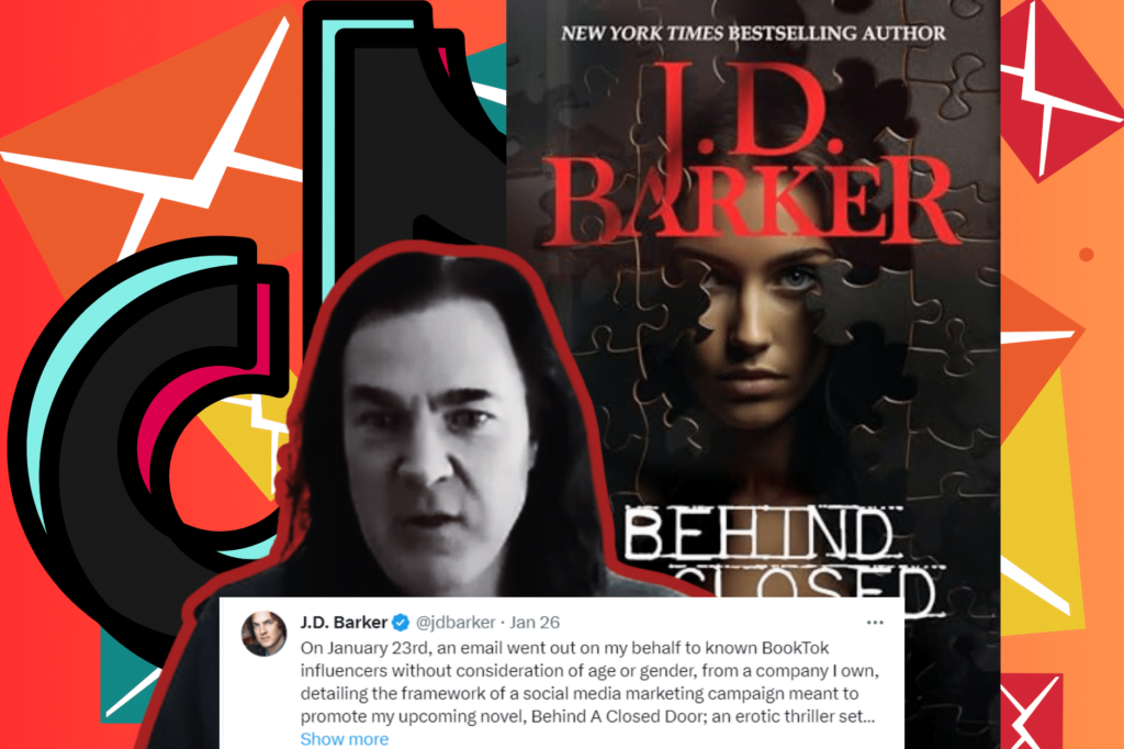 J D Barker dropped by agent, apologises for 'creepy' BookTok email. Twitter post by J D Vance says: "On January 23rd, an email went out on my behalf to known BookTok influencers without consideration of age or gender, from a company I own, detailing the framework of a social media marketing campaign meant to promote my upcoming novel, Behind A Closed Door; an erotic thriller set." Black and white image of J D Vance with red outline in front of book cover of Behind Close Doors, a TikTok symbol, and colourful envelopes