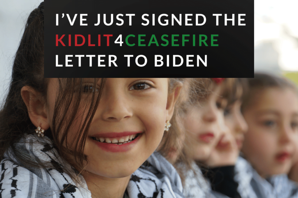 KidLit for ceasefire: hundreds urge Biden to stop Gaza war. Post says: "I've just signed the KidLit4Ceasefire letter to Biden." Group of young children smiling wearing Keffiyehs