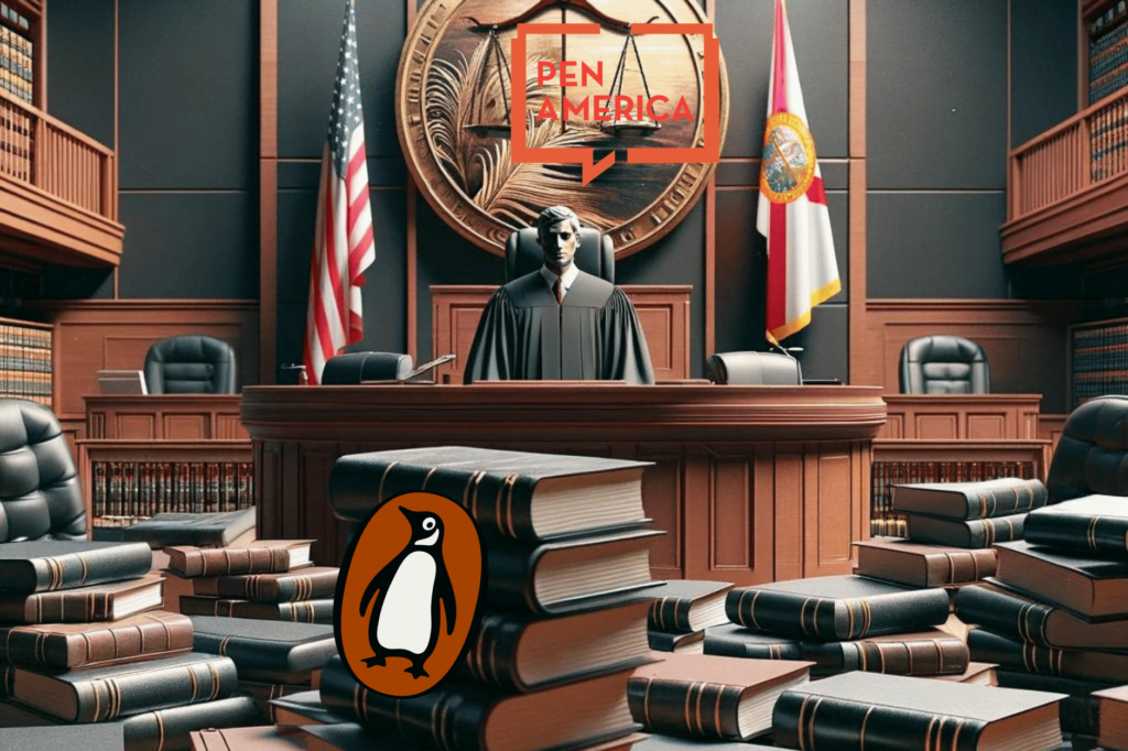 Lawsuit over Escambia County book bans moves forward in court. Illustration of courtroom with judge and books with Florida flag in the background and symbols of Penguin Random House and PEN America