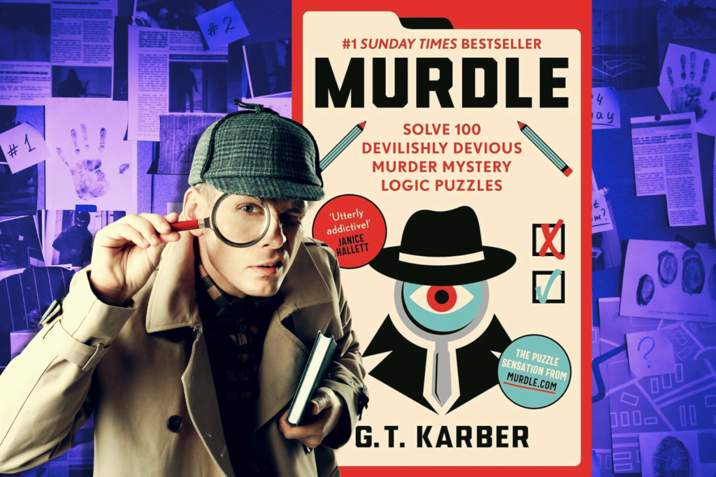 Murdle why we're obsessed with puzzles and play. Man in Sherlock Holmes beige long coat and grey cap holds notebook and magnifying glass in front of book over, and purple tinted crime wall.