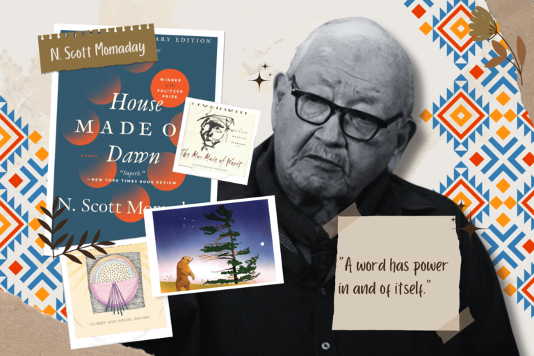 N. Scott Momaday books top reads by pioneering author. Black and white image of N. Scott Momaday with pictures of book covers and quote "A word has power in and of itself."