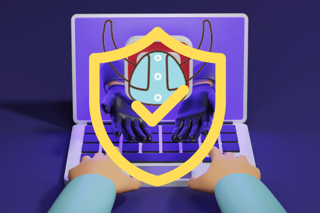 NaNoWriMo board addresses 'grooming' claims with new safety measures. NaNoWriMo logo of blue Viking horns helmet in a computer screen with purple background and yellow safety warning sign on top.