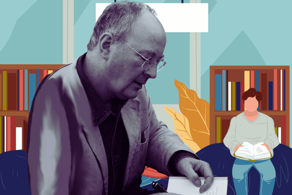 Philip Pullman calls for protection of school libraries. Black and white image of Philip Pullman signing book with illustration of faceless people in a library.