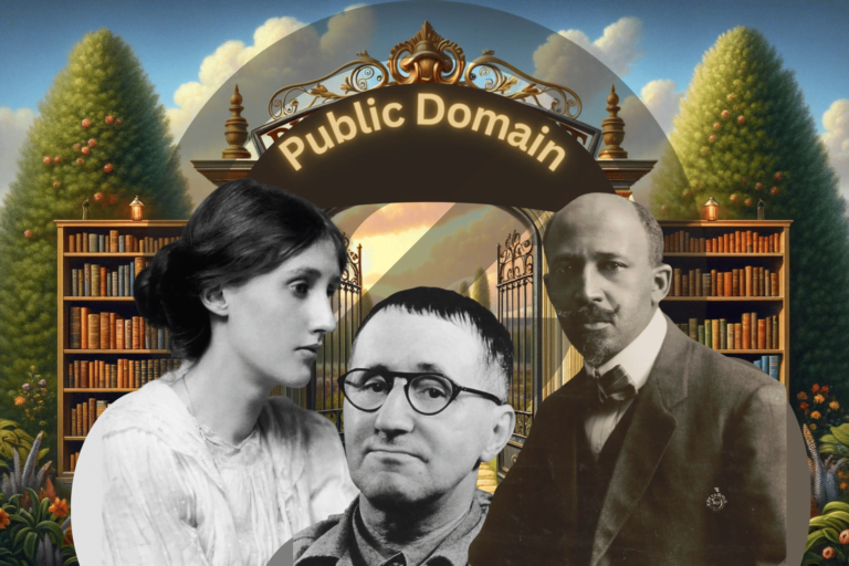 Public Domain Day 2024 28 major works now free for all. Black and white images of Virginia Woolf, Bertolt Brecht and WEB Du Bois in front of illustration of bookshelf.