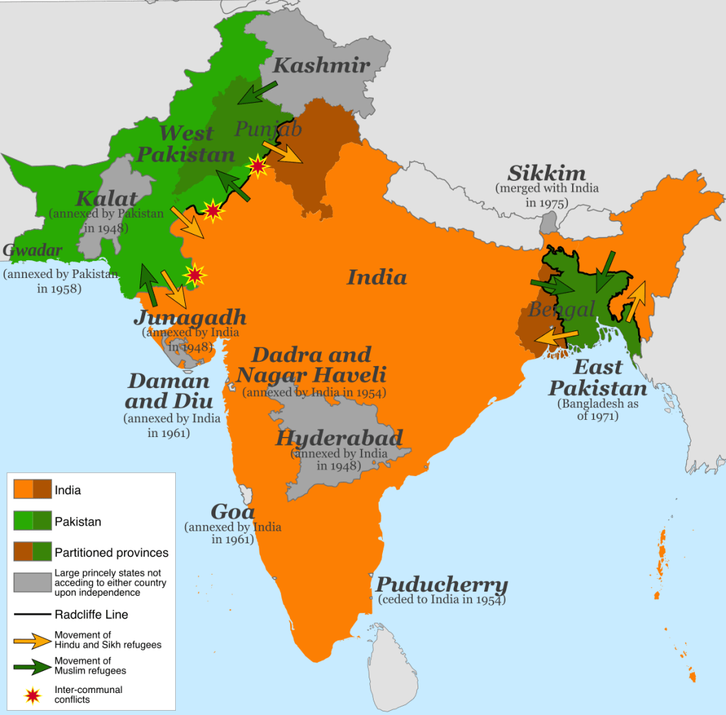 Map of the partition of India (1947). Note: Small princely states not acceding to either country upon independence are shown as integral parts of India and Pakistan.