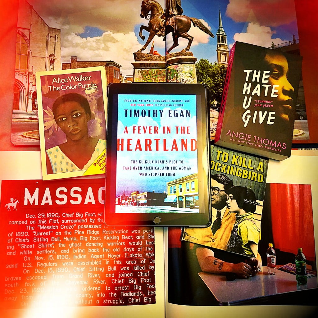 A Fever in the Heartland book cover surrounded by books and images from Mitch Epstein's Property Rights and Sunshine Hotel that show defaced confederate statue, and signage regarding the massacre of Indigenous communities. Books include Alice Walker's The Color Purple, The Hate U Give by Angie Thomas and To Kill A Mockingbird by Harper Lee