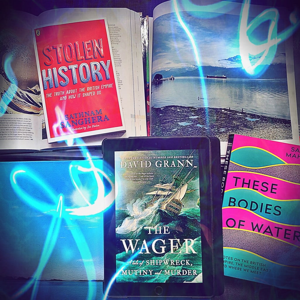 The Wager by David Grann beside a painting of water with a horizon, These Bodies of Water book by Sabrina Mahfouz, Stolen History by Sathnam Sanghera, boat on water by photographer Mitch Epstein, and Hokusai wave.