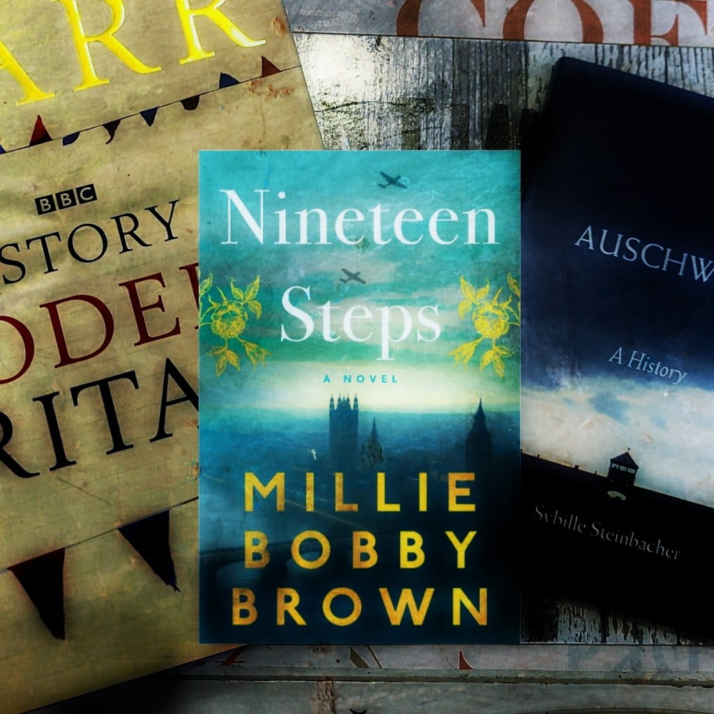 Millie Bobby Brown book Nineteen Steps in front of A History of Modern Britain by Andrew Marr and Auschwitz: A History by Sybille Steinbacher