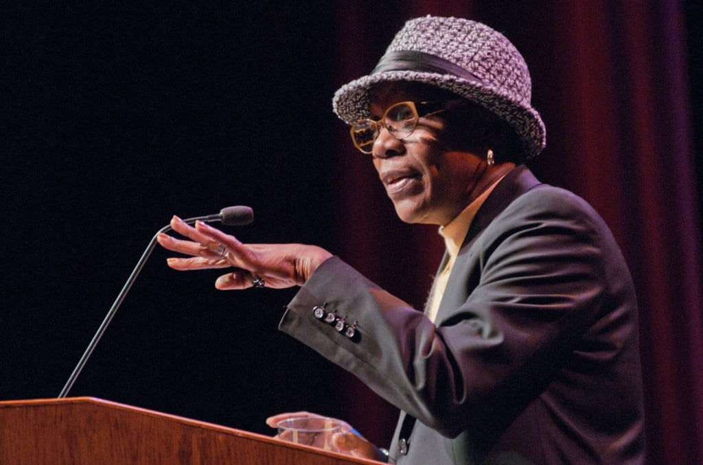 Afeni Shakur-Davis gestures while delivering an address at Reynolds Performance Hall. Shakur-Davis, former Black Panther and mother of hip hop artist and actor Tupac Shakur, is the founder of Amaru Entertainment/Records and the Tupac Amaru Shakur Foundation.