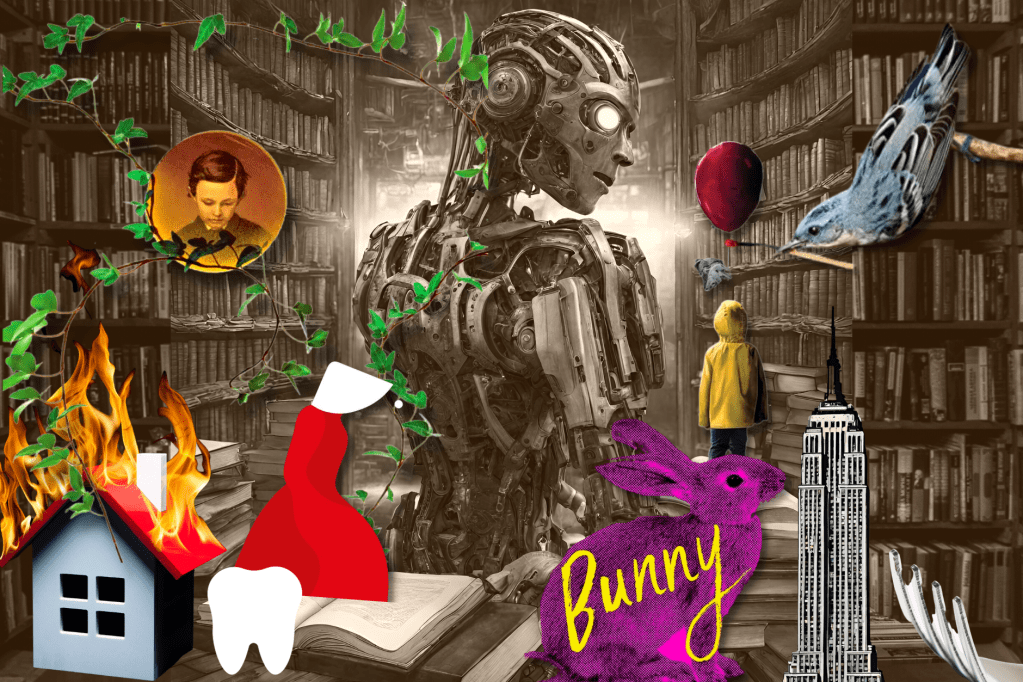 Authors Guild calls on authors to be protected against AI through licences, image shows robot against brown library and motifs from famous books. These include an old picture young boy in a circle with vines; burning paper house; white tooth; white hooded woman with red dress; pink rabbit; Empire State Building pop art image; fork; boy wearing hooded yellow raincoat and holding red balloon; bird on a perch holding a match.