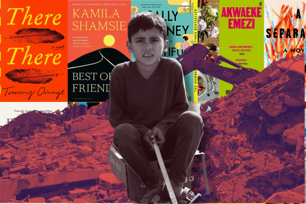 #BooksForGaza writers auction books to support injured children in Gaza. Sepia image of Palestinian child sitting on a box, in front of rubble tinted red and a series of book covers being auctioned.