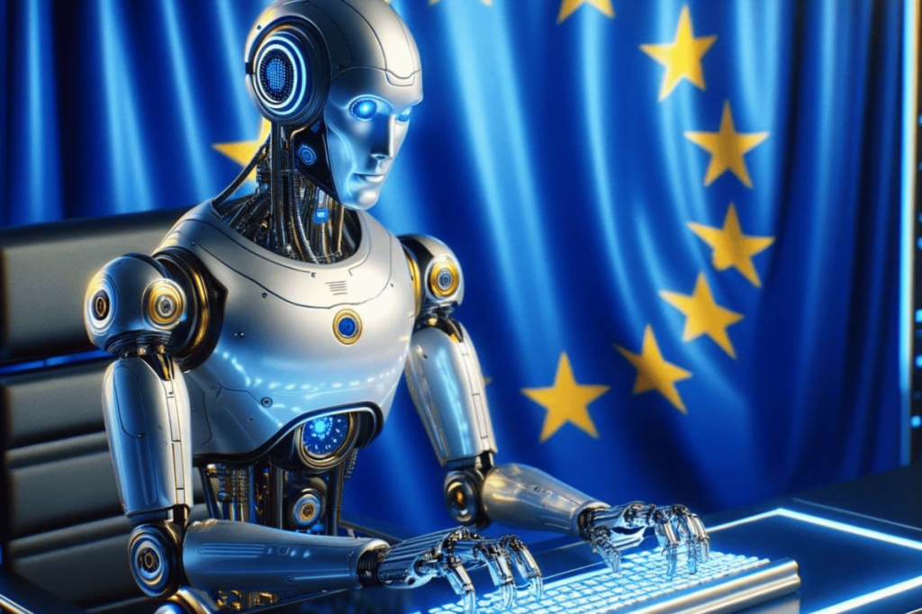 EU AI legislation receives praise from publishers. Robot types in front of Blue curtain with yellow stars