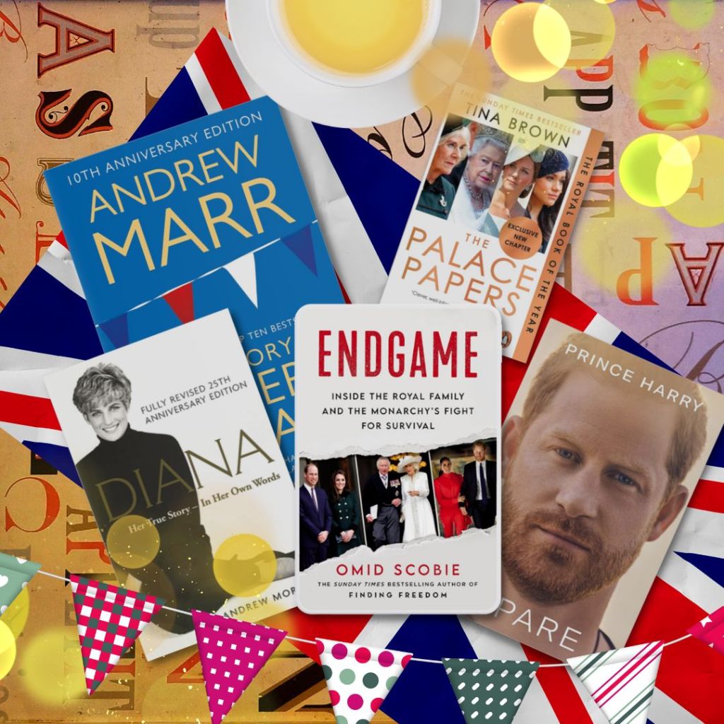 "Endgame" book by Omid Scobie on top of coffee table with union jack, colourful bunting, a cup of tea and the books "The History of Modern Britain" by Andrew Marr, "Diana: Her True Story - In Her Own Words" by Andrew Morton, "The Palace Papers" by Tina Brown, and "Spare" by Prince Harry.
