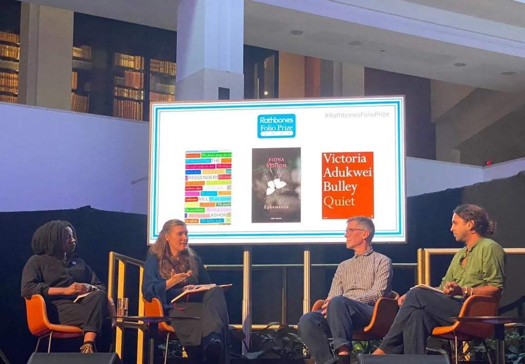 Rathbones Folio Prize 2023, authors Victoria Adukwei Bulley, Fiona Benson, Will Ashon with Guy Gunaratne (Suswati Basu)