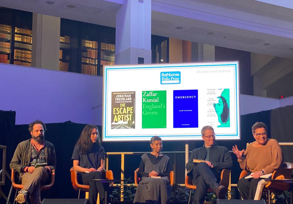 Rathbones Folio Prize 2023, authors Zaffar Kunial, Daisy Hildyard, Michelle de Kretser, Jonathan Freedland with Jackie Kay (Suswati Basu)