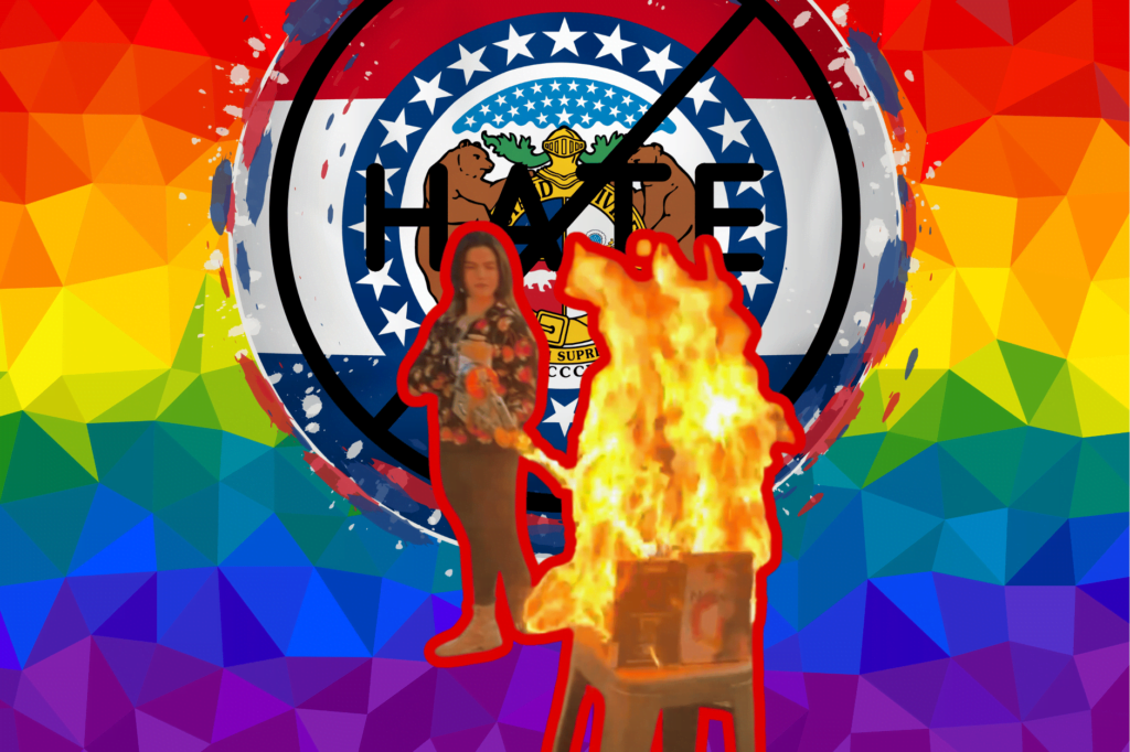Missouri Republican candidate burns LGBTQ books in video. Valentina Gomez uses flamethrower to destroy books, placed in front of Missouri flag and the words "hate" crossed out and rainbow flag in the background.