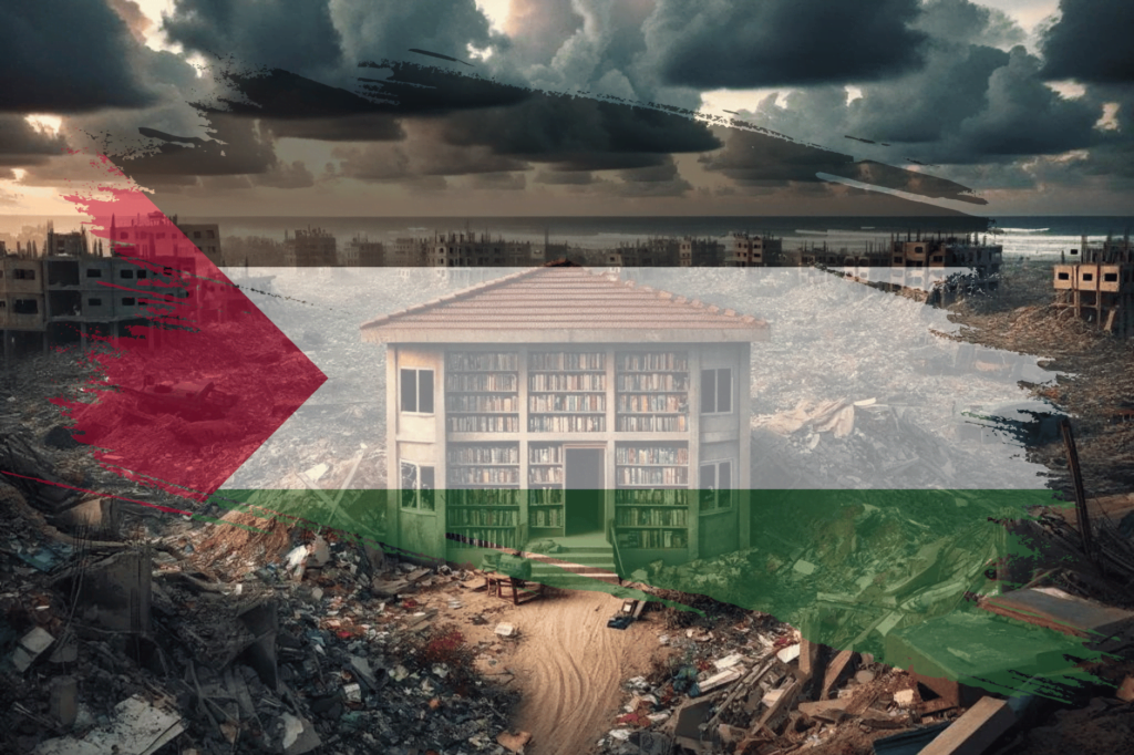 New report released on major destruction of Gaza libraries. Image of Gaza rubble with library in the middle.