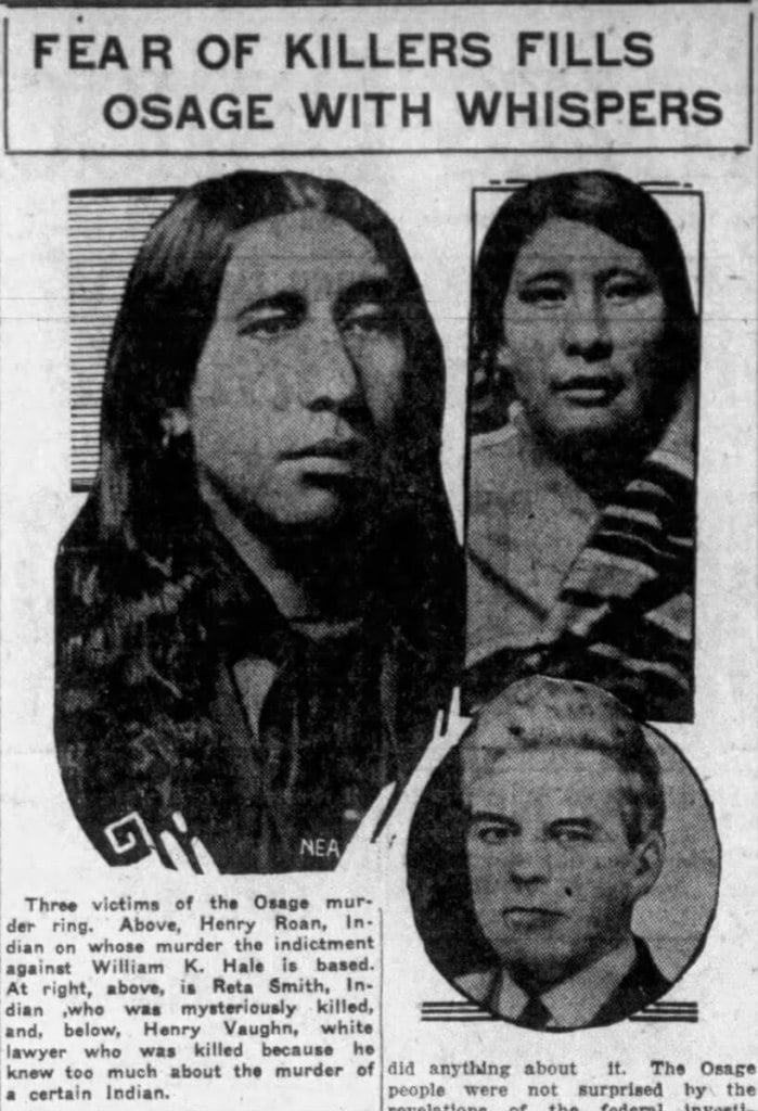 Newspaper photos of three victims of the Osage Indian murders from Killers of the Flower Moon: Henry Roan, Rita Smith, and Henry Vaughn. Dated 27 January 1926.