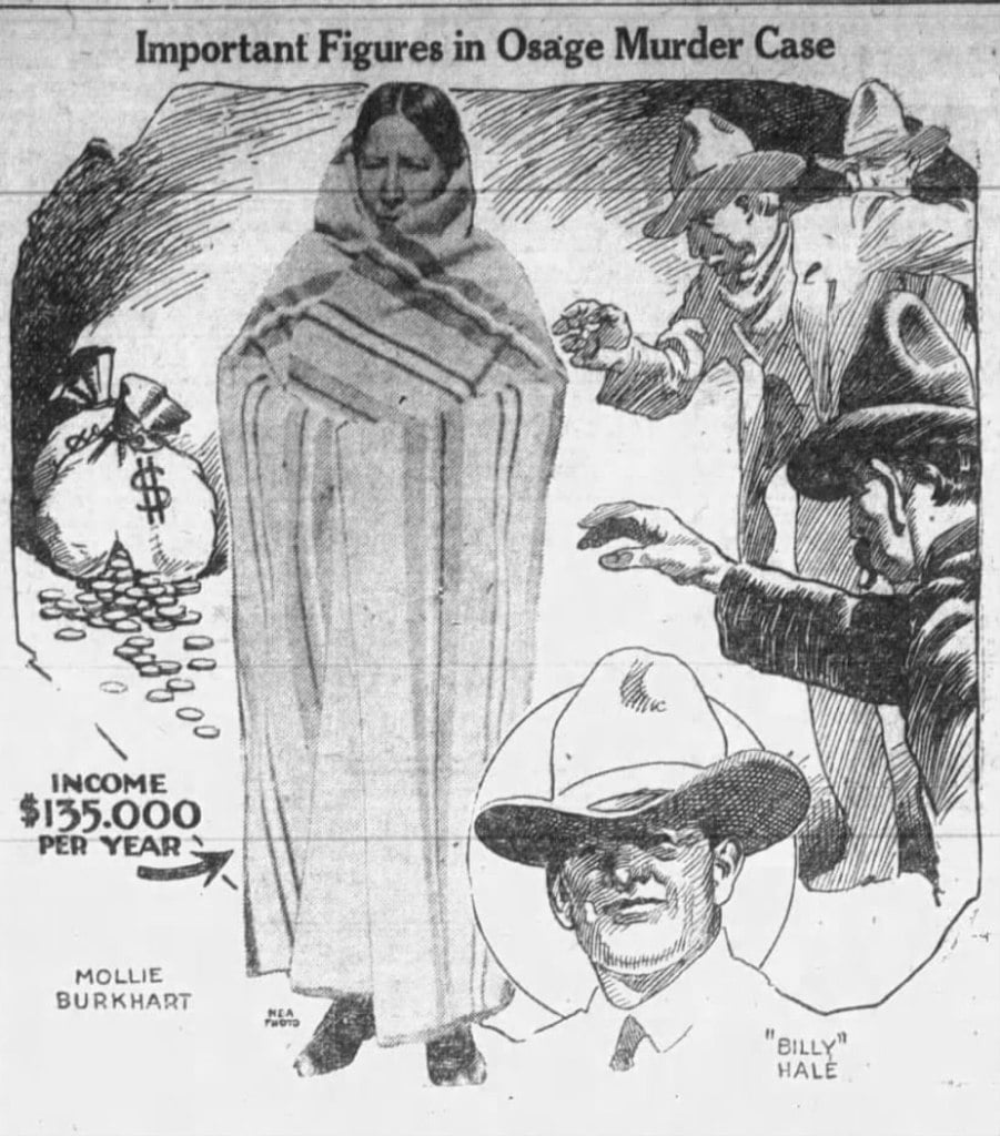 Political cartoon of the Osage Indian Murders depicting Mollie Burkhart and William King Hale in 1926