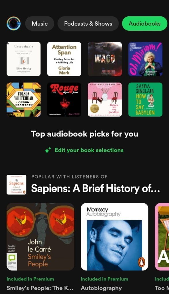 Spotify audiobooks seen on my phone