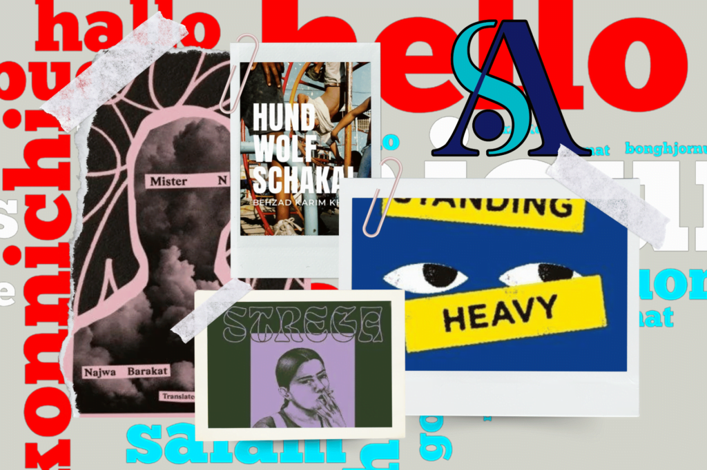 Society of Authors' Translation Prizes 10 share £28k award. Book covers in Polaroid images with Society of Authors logo in corner and words in different languages as background.
