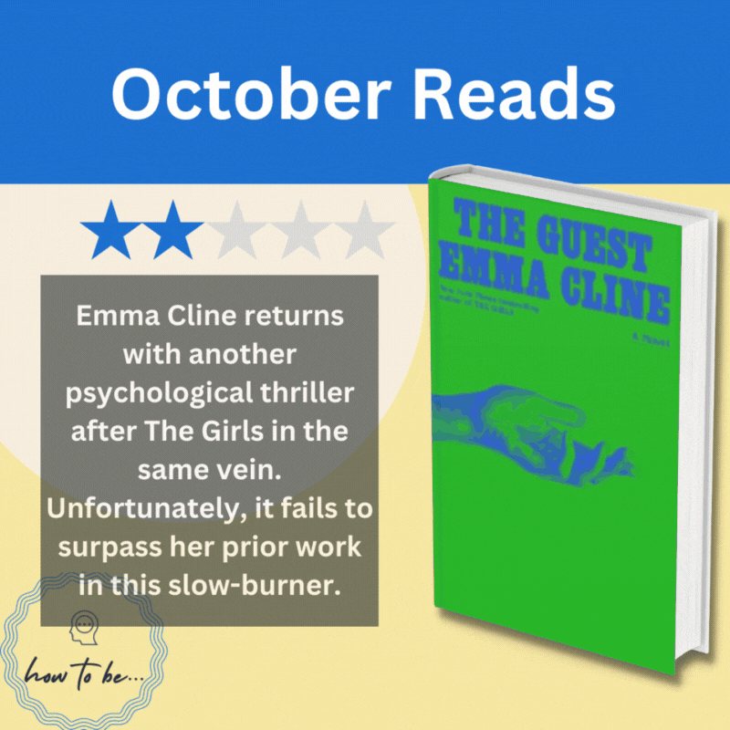 Best books in October include: The Guest by Emma Cline (2023); A Day in the Life of Abed Salama: Anatomy of a Jerusalem Tragedy by Nathan Thrall (2023); Nothing Bad Has Ever Happened: A Bouquet for Victoria Amelina, edited by Askold Melnyczuk (2023); The Happy Couple by Naoise Dolan (2023); A Spell of Good Things by Ayọ̀bámi Adébáyọ̀ (2023); The Woman in Me by Britney Spears (2023); A Memoir of My Former Self: A Life in Writing by Hilary Mantel (2023); Who Wrote This?: How AI and the Lure of Efficiency Threaten Human Writing by Naomi S. Baron (2023); Friends, Lovers, and the Big Terrible Thing by Matthew Perry (2022); Out There Screaming: An Anthology of New Black Horror, edited by Jordan Peele (2023)