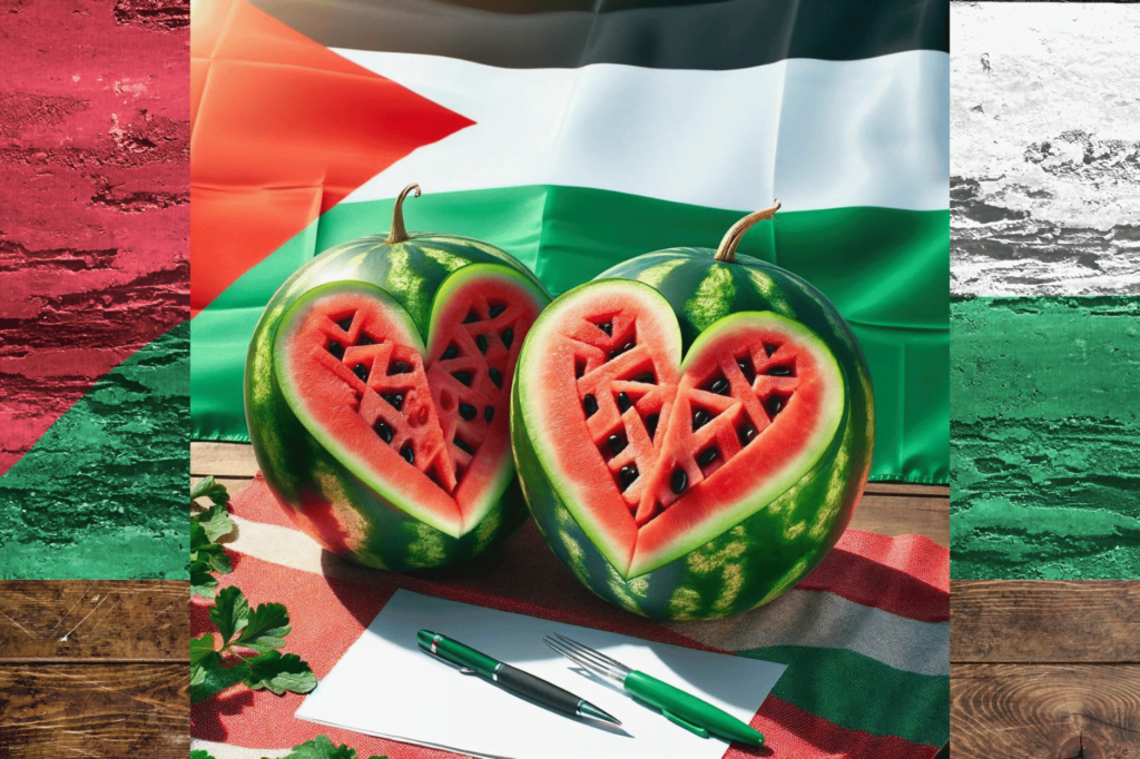 Valentines4Palestine: bookshops support Palestinian writers for Valentine's Day. Image features two watermelons arranged in a heart shape in front of a Palestinian flag, with a pen placed in front of them.