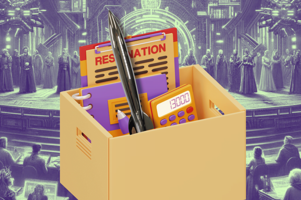 WIP leaders resign after Hugo Awards censorship controversy. Resignation box of items with Hugo Award inside and illustration of authoritarian science fiction award ceremony as background