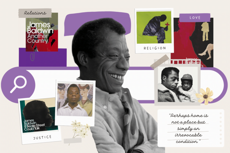 Why Google Doodle is celebrating James Baldwin - best books by writer. Black and white image of James Baldwin smiling in front of a scrapbook of book covers against a purple and beige background, a purple search bar and the quote: "Perhaps home is not a place but simply an irrevocable condition.”