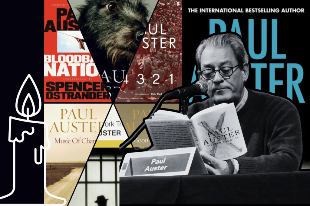 Paul Auster books 7 works by late visionary writer. This collage showcases a tribute to the late author Paul Auster, featuring his portraits and book covers, including "Bloodbath Nation" and "The New York Trilogy." A candle icon symbolises remembrance, emphasising his profound literary legacy.