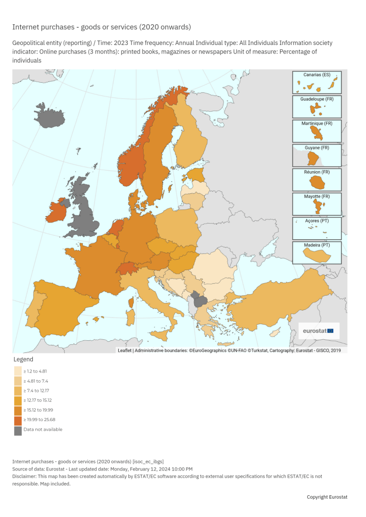 World Book and Copyright Day: EU residents still prefer print books. Map of Europe shows orange areas have high print sales.