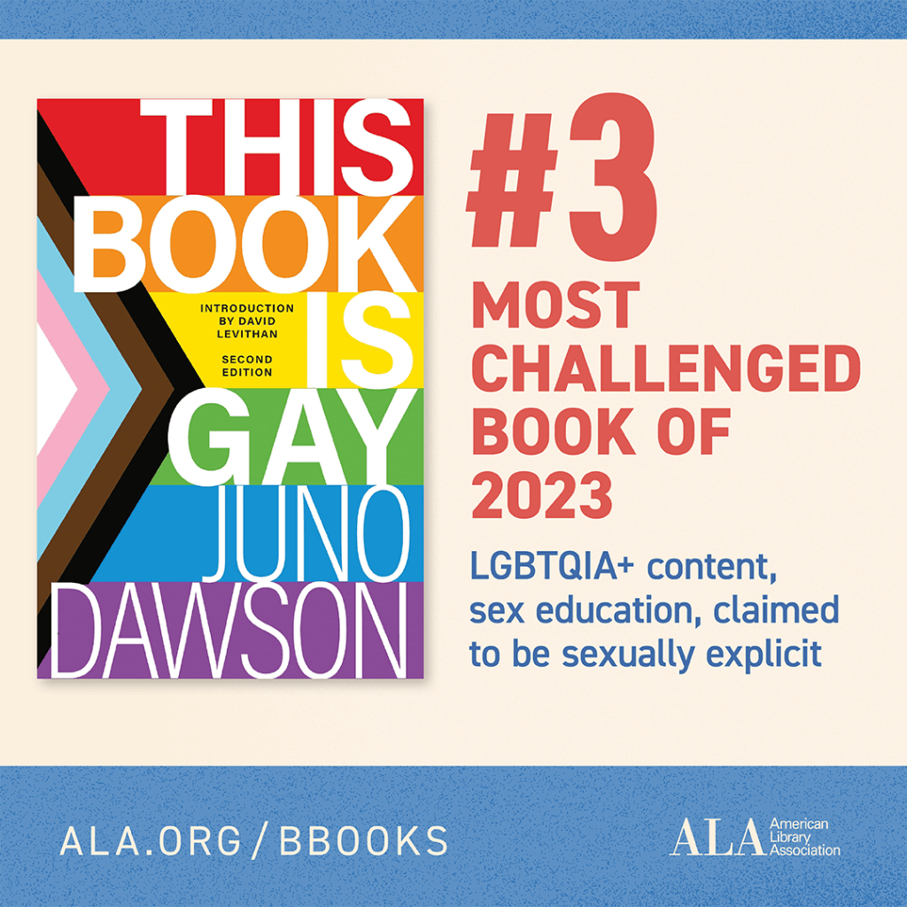 An image of "This Book Is Gay" by Juno Dawson, named the #3 Most Challenged Book of 2023, with noted challenges for LGBTQIA+ content, sex education, and claims of sexual explicitness.
