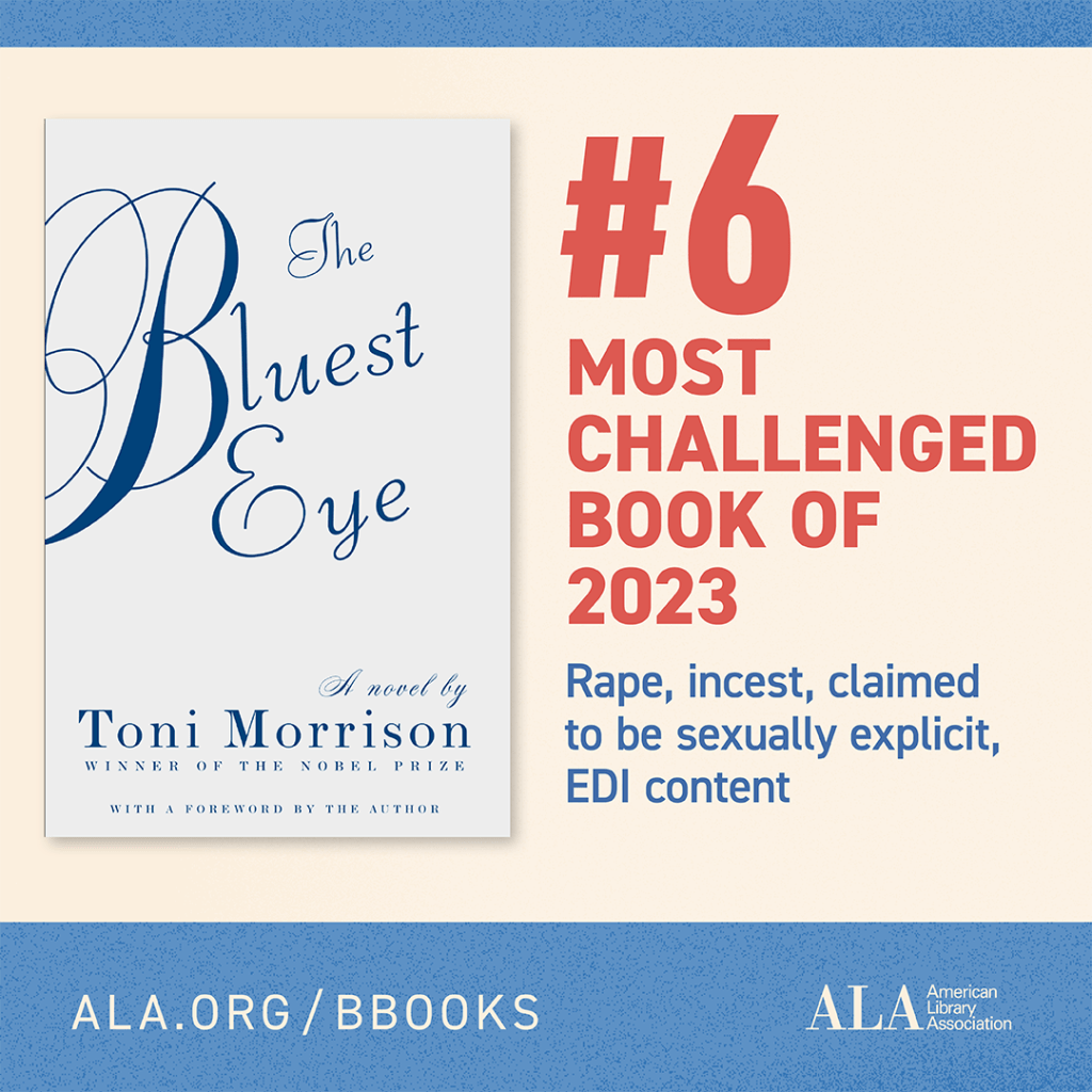 A visual for "The Bluest Eye" by Toni Morrison, ranked as the #6 Most Challenged Book of 2023, with challenges due to rape, incest, sexually explicit content, and EDI content. Top Most Challenged Books in 2023