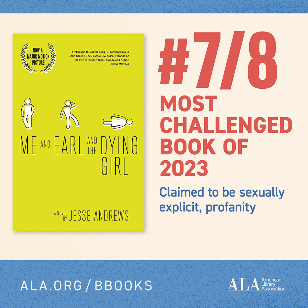 An image showcasing "Me and Earl and the Dying Girl" by Jesse Andrews, also tied for #7/#8 Most Challenged Book of 2023, cited for sexually explicit content and profanity. Top Most Challenged Books in 2023.